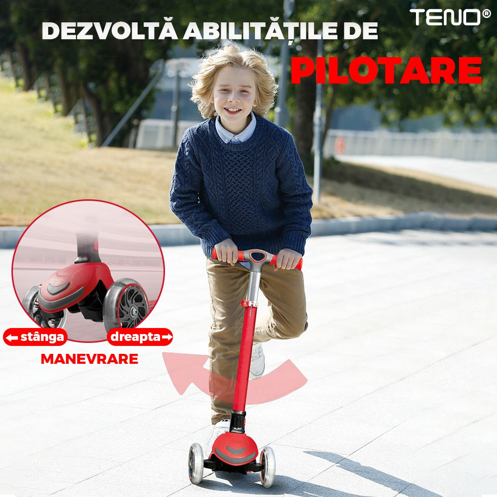 Trotineta pentru Copii cu Lumini Teno®, 3 roti, pliabila, anti-aluncare, inaltime ajustabila, stabila, frana, incorporata, 3-11 ani, rosu