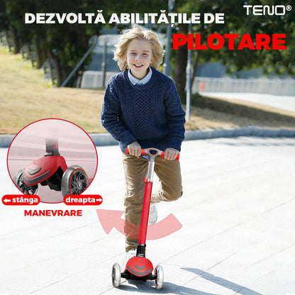 Trotineta pentru Copii cu Lumini Teno®, 3 roti, pliabila, anti-aluncare, inaltime ajustabila, stabila, frana, incorporata, 3-11 ani, rosu