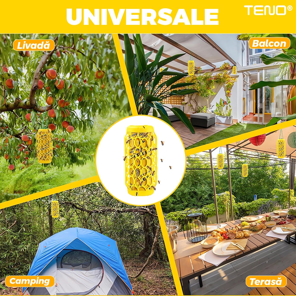 Set 2 capcane Macvi® pentru viespi, cu lipici anti-insecte, 8 foi lipicioase incluse, montare rapida, suport pentru momeala, galben