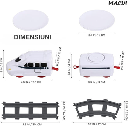 Set trenulet Macvi® pe cale ferata cu farfurii pentru servire Sushi, locomotiva electrica, 3 vagoane, 6 tavite si 12 sine, 197 cm