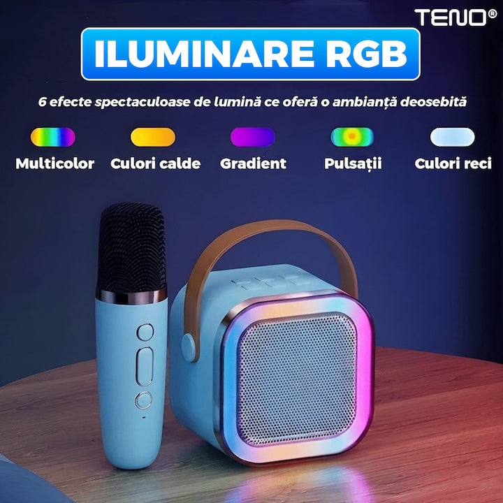 Boxa Portabila Teno®, karaoke, 2 microfoane, 4 porturi, wireless, RBG, Albastru deschis