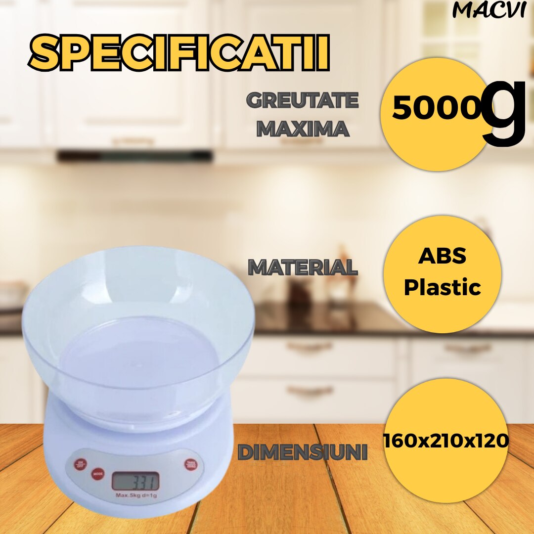 Cantar de Bucatarie Macvi® cu Bol, 5 Kg, Display LCD, Inchidere Automata