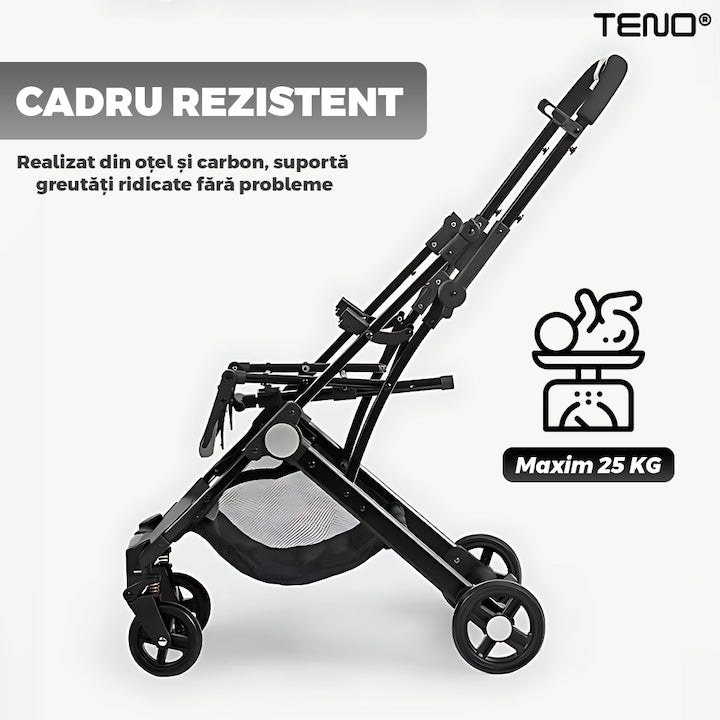 Carucior Sport pentru Bebelusi Teno®, pliabil, usor de carat, sezut reglabil, spatios, cosulet dorsal, buzunar la spate, copertina retractabila, greutate maxima suportata 25 kg, gri inchis