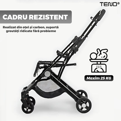 Carucior Sport pentru Bebelusi Teno®, pliabil, usor de carat, sezut reglabil, spatios, cosulet dorsal, buzunar la spate, copertina retractabila, greutate maxima suportata 25 kg, gri inchis