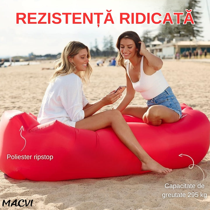Saltea gonflabila tip sezlong Lazybag Macvi®, material rezistent, umflare fara pompa, pentru plaja/picnic/camping, rucsac de depozitare, 190 x 70 cm,rosu