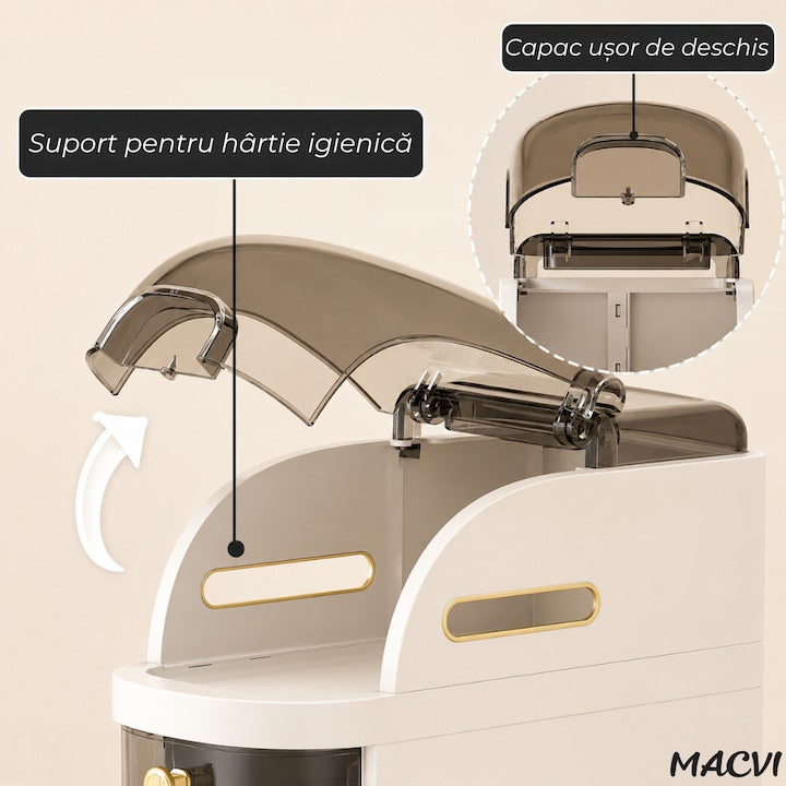Dulap Mobil Organizator Macvi®, 4 Sertare, 78× 18 × 41cm, Organizator Vertical Ultra-Slim cu Suport pentru Hartie Igienica, PVC Rezistent, Alb