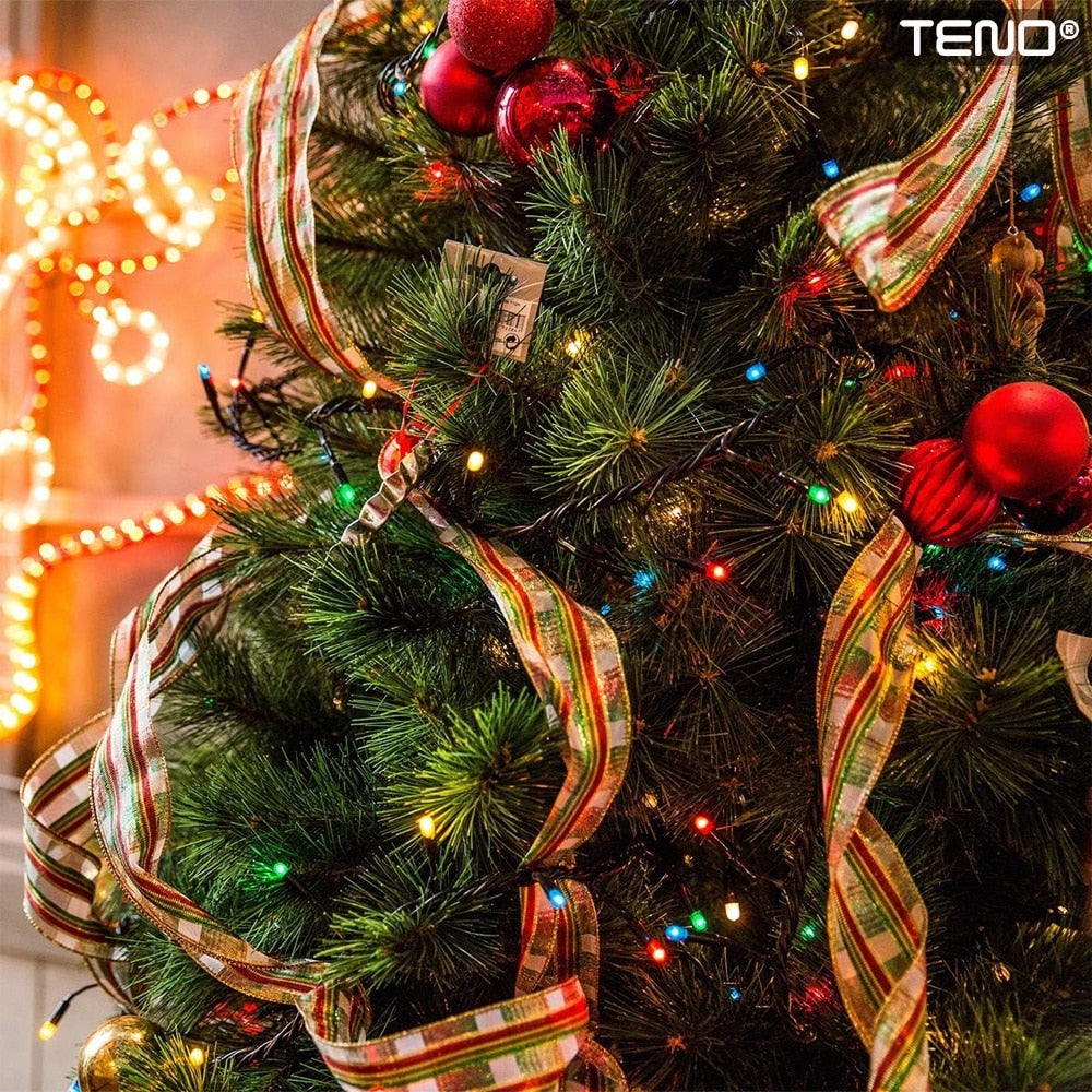 Instalatie de Craciun Liniara Teno®, 15 m, 8 jocuri de lumini, alimentare la priza, interior/exterior, rezistenta la apa, 200 LED-uri, multicolor