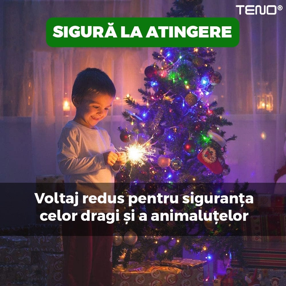 Instalatie de Craciun Liniara Teno®, 15 m, 8 jocuri de lumini, alimentare la priza, interior/exterior, rezistenta la apa, 200 LED-uri, multicolor