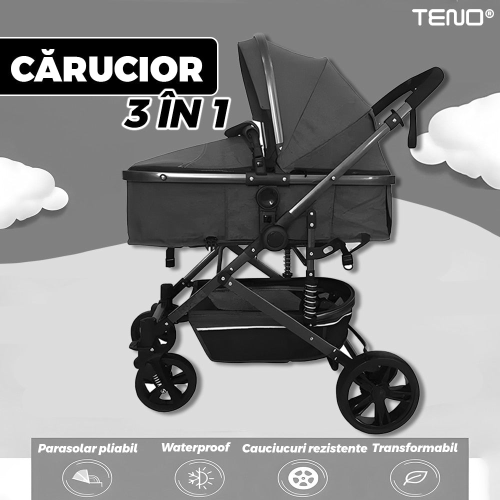 Carucior 3 in 1 Teno®, transformabil, carucior clasic, carucior sport, pliabil, copertina cu protectie solara, cosulet dorsal, roti rezistente, negru