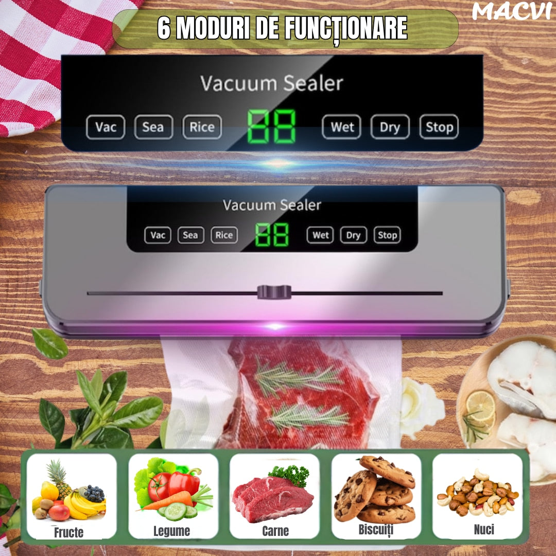 Aparat de vidat Macvi® cu taietor incorporat, sistem compact, mod uscat si umed pentru conservarea alimentelor