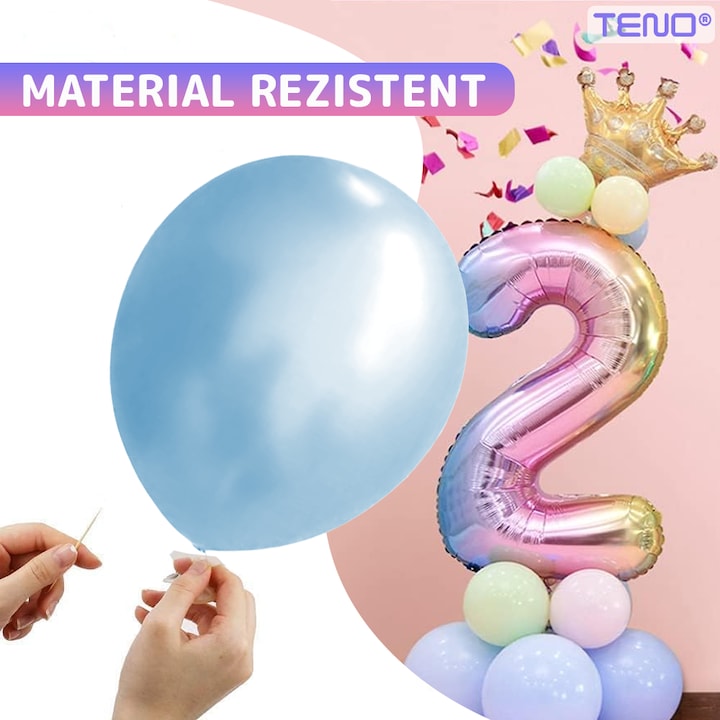 Set 14 Baloane CIfra 2 Teno®, coroana, balon pastelat, pentru Petreceri/Aniversari/Evenimente, mai multe dimensiuni, latex, multicolor