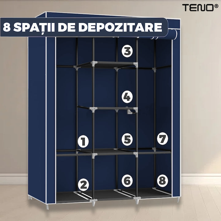 Dulap din Material Textil pentru Haine si Incaltaminte Teno®, impermeabil, 8 rafturi, inchidere fermoar, suport umerase, cadru otel, 170 cm, albastru
