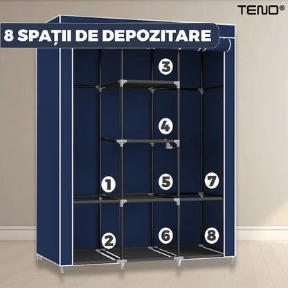 Dulap din Material Textil pentru Haine si Incaltaminte Teno®, impermeabil, 8 rafturi, inchidere fermoar, suport umerase, cadru otel, 170 cm, albastru