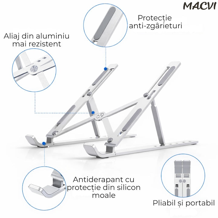 Suport laptop ergonomic Macvi® din aluminiu ,ajustabil 6 nivele, husa de protectie, disipare caldura, antialunecare, compatibil 10-15.6 inch, argintiu