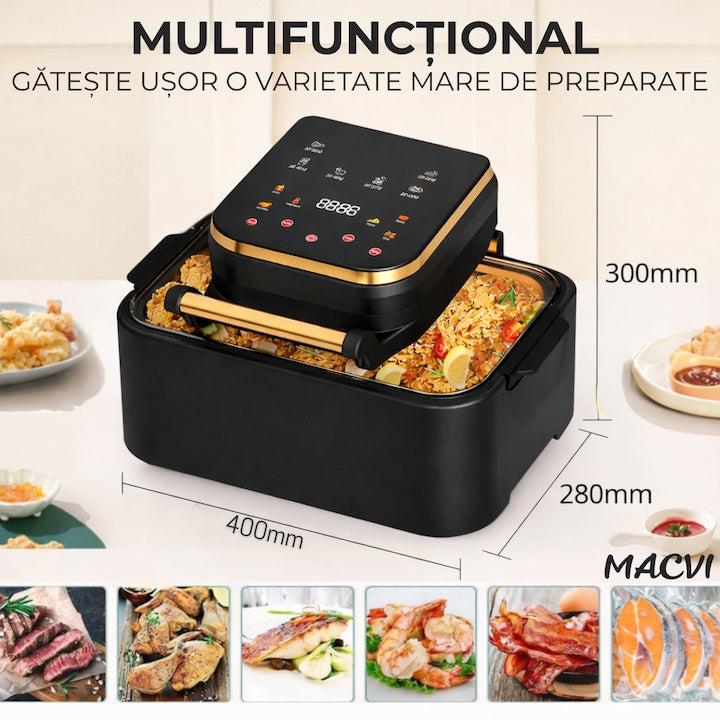 Friteuza cu aer cald digitala 3 in 1 Macvi® fara ulei 12 L 1700W control touch 11 programe LED negru auriu