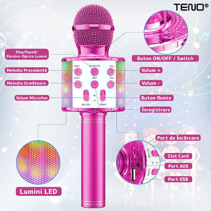 Microfon Karaoke Multifunctional pentru Copii, Teno®, boxa integrada, mod schimbare voce, stereo, slot card memorie/aux, lumini, roz