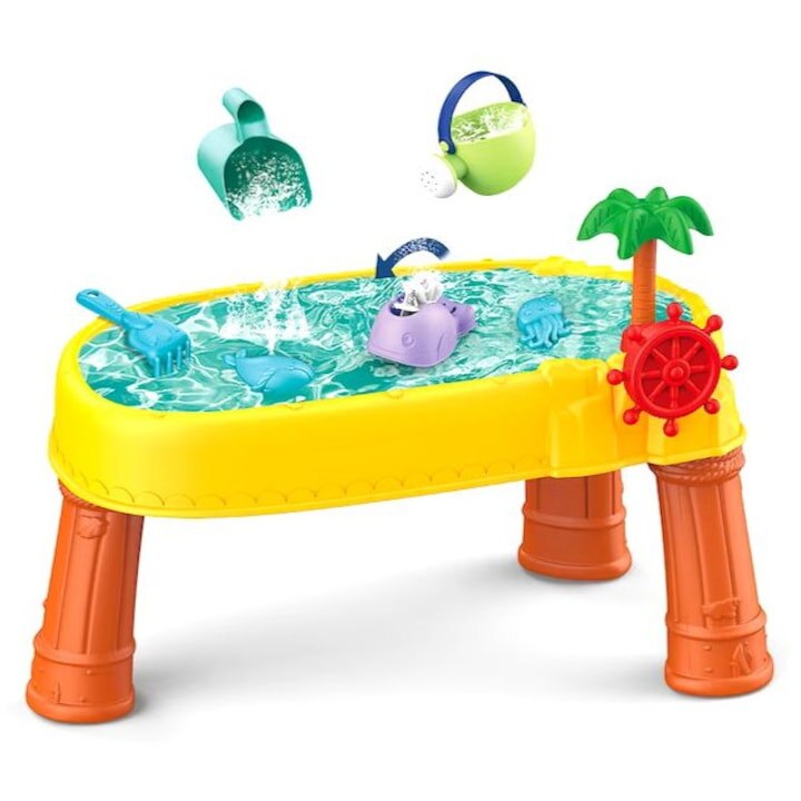 Masa de apa 2 in 1 Macvi® pentru copii, cu 8 accesorii interactive, multicolor, recomandata 3 ani+