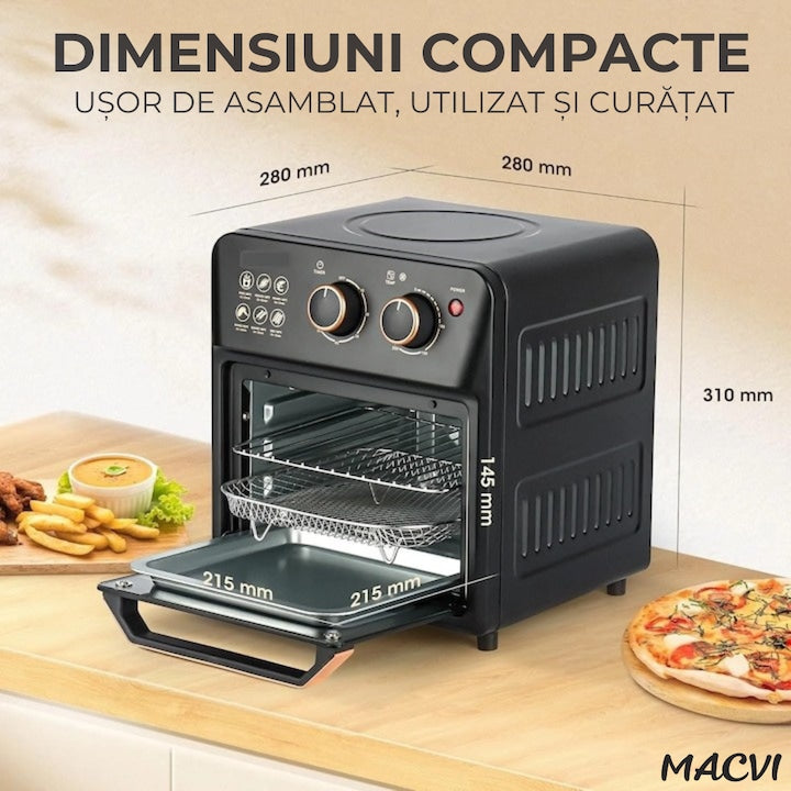 Friteuza cu Aer Cald Macvi®, Cuptor Electric cu Prajitor de Paine, Cuptor cu Convectie de 12L, Tehnologie de Circulatie a Aerului 360°