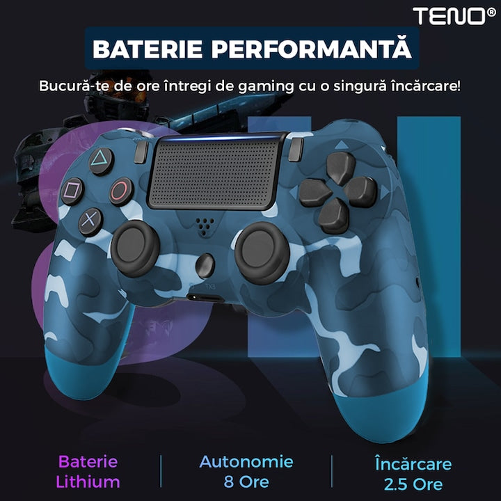 Controller Wireless DoubleShock Teno®, compatibil cu PS4, joystick-uri analog, vibratie dubla, baterie performanta, cammouflage blue
