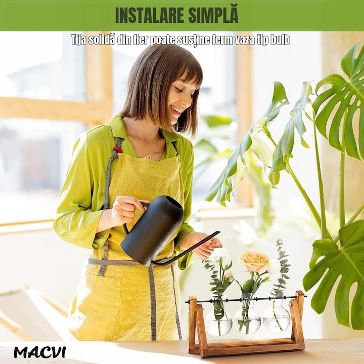 Vaza decorativa Macvi®, hidroponica cu 3 recipiente din sticla, suport din lemn pliabil, bej/transparent, 28x13.5 cm