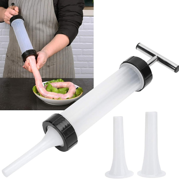 Aparat manual pentru umplut carnati, Macvi®, inox/plastic, 0.5 kg, 2 tuburi de umplere, alb
