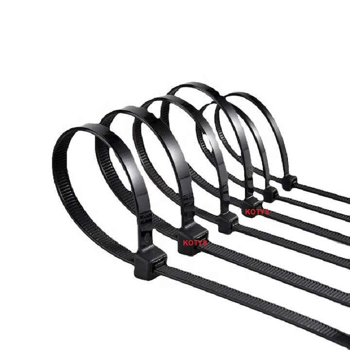 Set 100 coliere plastic Macvi®, soricei cablu, 4.8 x 300 mm, protectie UV, nylon rezistent, interior exterior, negre