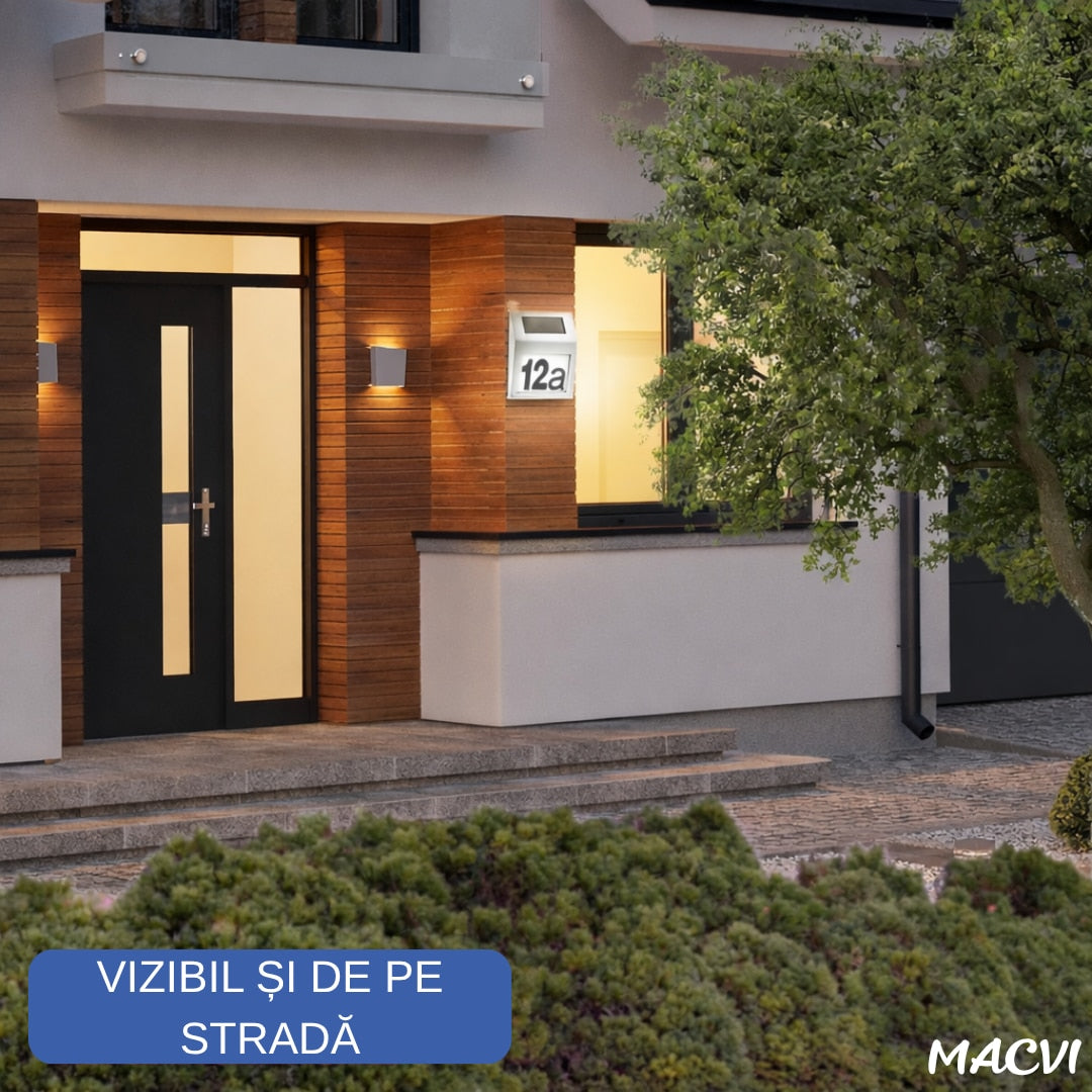 Placa Numar Casa Macvi® cu Iluminare Solara LED Montaj Exterior, Detectie Automata Noapte-Zi, Rezistenta la Intemperii, din Inox