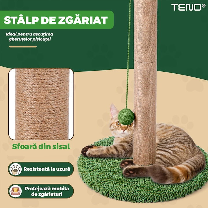Ansamblu de Joaca pentru Pisici in Forma de Palmier Teno®, tip turn, 1 nivel, franghie si mingiute de joaca, stalpi pentru zgariat, captuseala extra moale, structura stabila, 85 cm, verde