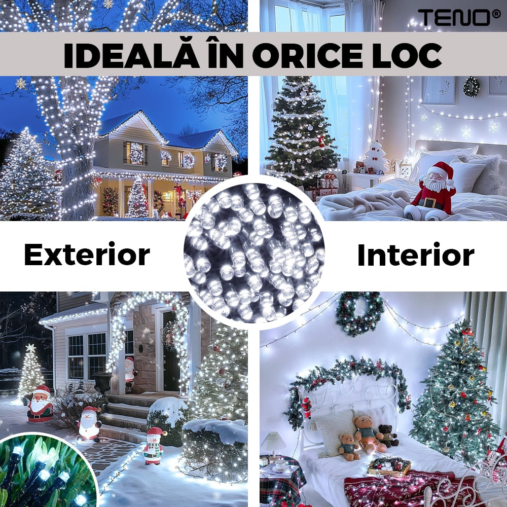Instalatie de Craciun Liniara cu Panou Solar Teno®, 10 m, 8 jocuri de lumini, alimentare la priza, fir verde, interior/exterior, rezistenta la apa, 100 LED-uri, alb rece
