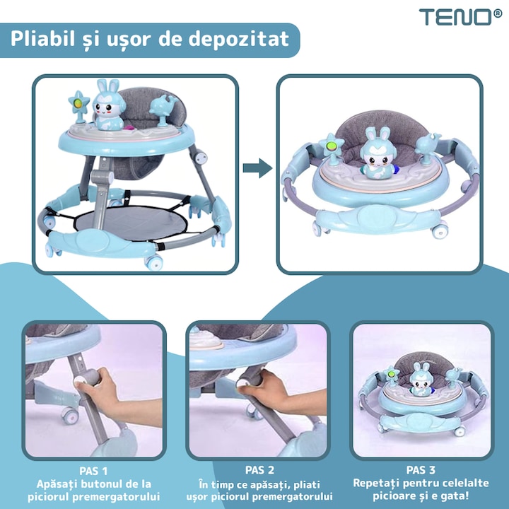 Premergator Multifunctional pentru Bebelusi Teno®, tava cu 3 jucarii, muzica, reglabil, pliabil, greutate max 20kg, 6-36 luni, albastru