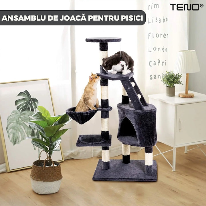 Ansamblu de Joaca pentru Pisici Teno®, tip turn, 1 platforma de observatie, 4 niveluri, 1 casuta, scara, franghie si mingiute de joaca, stalpi pentru zgariat, captuseala extra moale, structura stabila, 118 cm, gri inchis