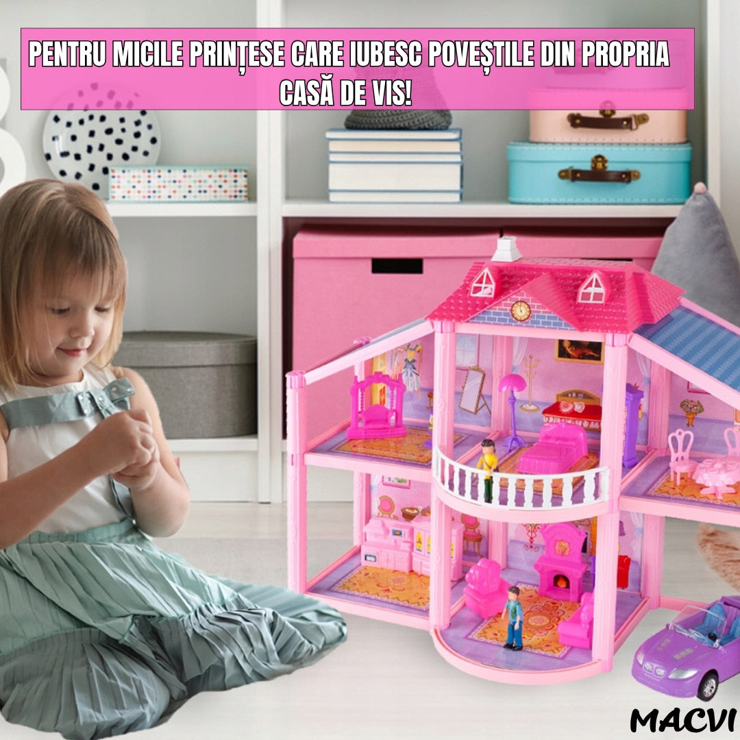 Casuta pentru papusi Macvi® Lovely House, 2 etaje, 5 camere, garaj cu masina, 2 figurine incluse, set 112 piese