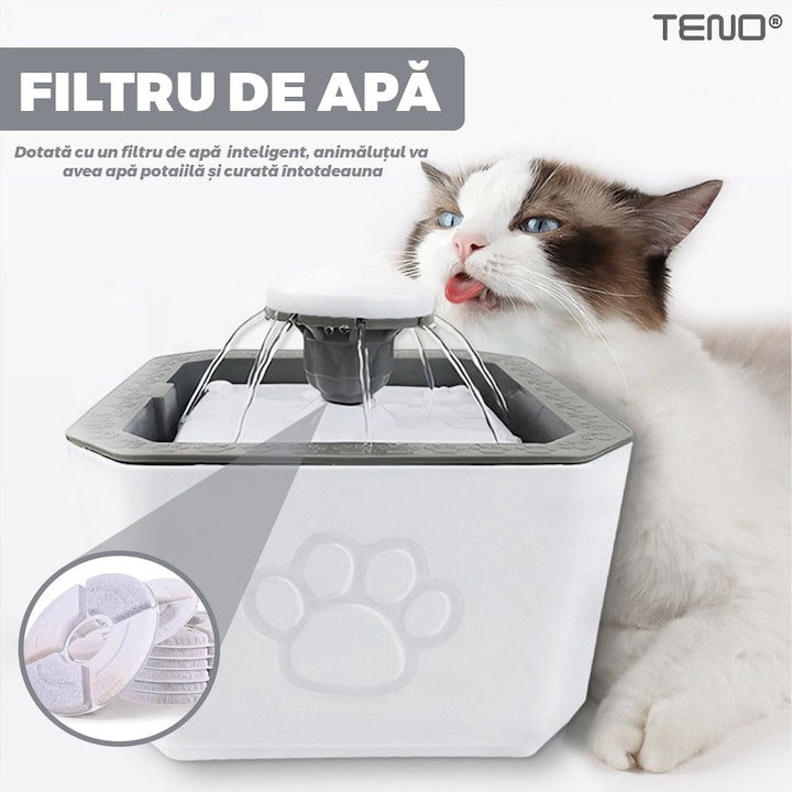Dispenser de Apa Tip Fantana Teno®, ultra-silentios, pentru caini si pisici, filtru de carbon inclus, usor de utilizat, elimina bacteriile din apa, alimentare USB, desgin modern, alb