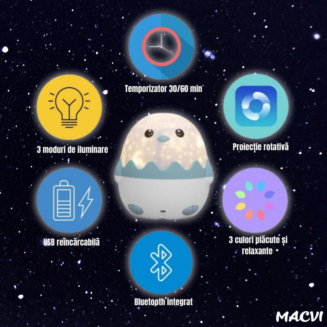 Lampa de veghe Macvi Pinguin, proiectii cu 13 sabloane, lumini multicolore, albastru, 125x125x125mm