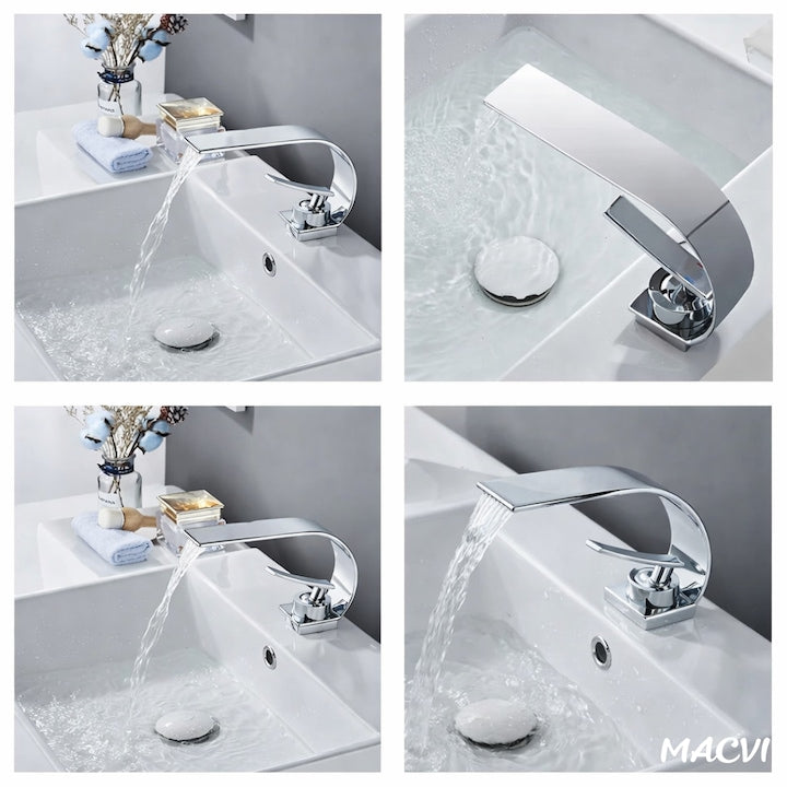 Robinet baie Macvi® tip cascada din alama inaltime 13 cm conexiune 3/8 montaj chiuveta design modern, argintiu