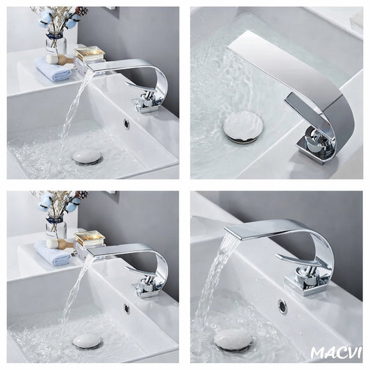 Robinet baie Macvi® tip cascada din alama inaltime 13 cm conexiune 3/8 montaj chiuveta design modern, argintiu