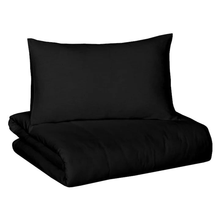 Lenjerie de pat Macvi®, 2 persoane, 3 piese, husa pilota + 2 fete perna, bumbac satinat 100%, 205TC, negru