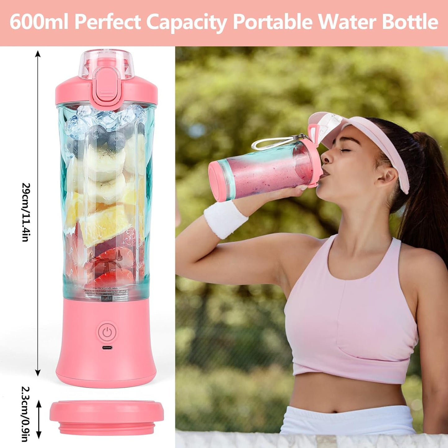 Blender Portabil Macvi® pentru Smoothie-uri 600 ml cu 6 Lame din Otel Inoxidabil, Baterie Reincarcabila 4000 mAh USB, Temporizator Automat 30 Secunde, Roz