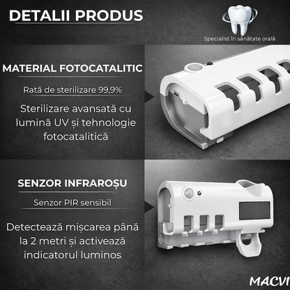 Suport si Dozator Macvi® pentru Periute si Pasta de Dinti cu Sterilizare Antibacteriana UV, Design Compact si Elegant