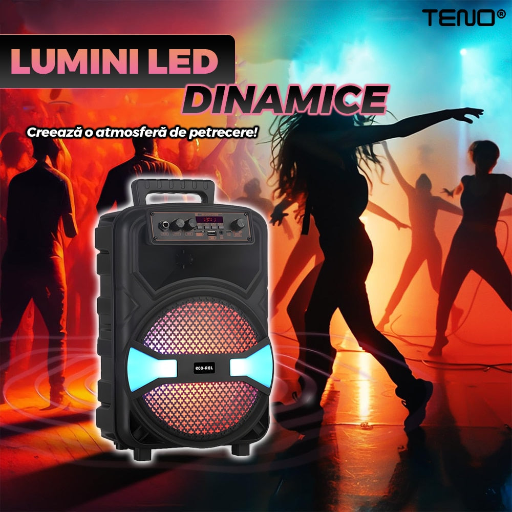 Boxa Portabila JBR009 Teno®, microfon inclus, telecomanda de control, lumini LED, panou de comanda, 6 moduri de conectare, autonomie ridcata, 1200W, negru