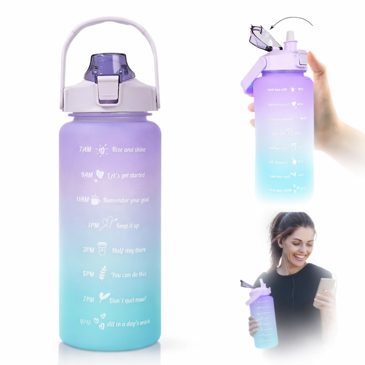 Bidon fitness Macvi® de apa 2L multicolor, plastic PC fara BPA, cu duza, maner si inscriptii motivante, etansa cu garnitura siliconica
