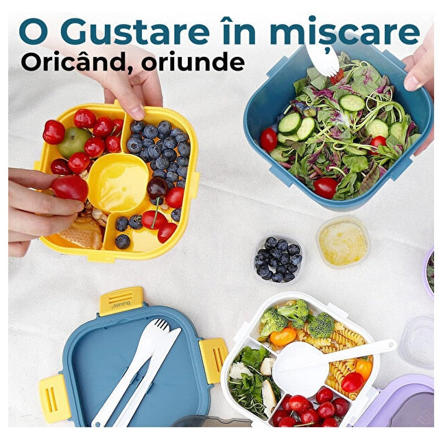 Caserola Alimentara Macvi® 1.7L cu 4 Compartimente si Recipient Sos Lunch Box BPA Free