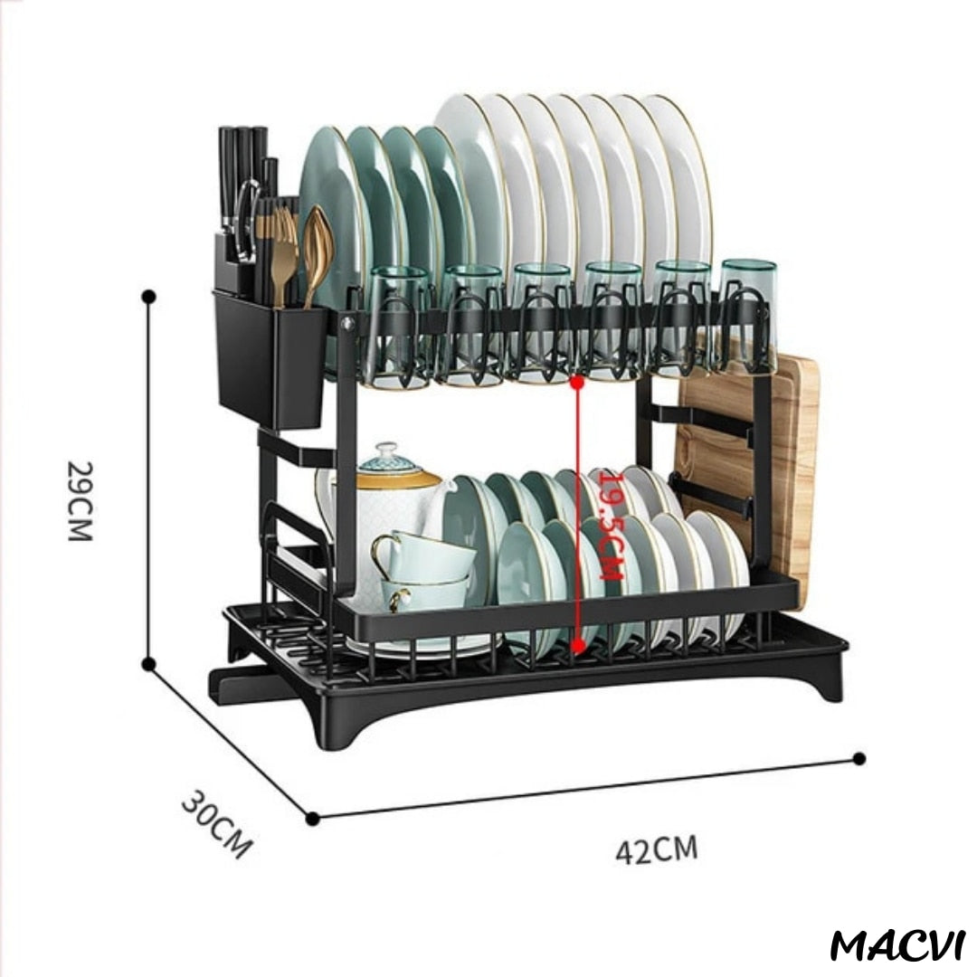 Uscator de vase supraetajat Macvi®, 2 niveluri, suport pentru tacamuri si pahare, tava scurgere, metal rezistent, 42x30x29 cm, negru