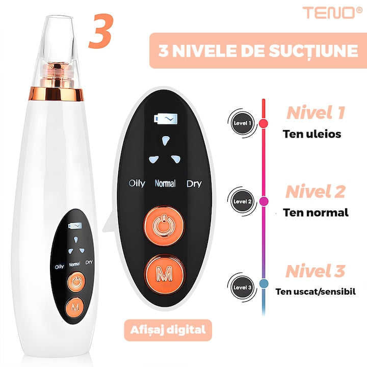 Aparat cu Vacuum pentru Puncte Negre si Grasime Teno®, curatare faciala, ingrijire faciala, 3 viteze, 6 capete interschimbabile, delicat cu pielea, afisaj digital, alb