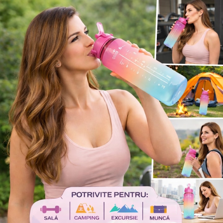 Set 3 Sticle de Apa Motivationale TENO®, 2000ml + 900ml + 300ml, Tritan fara BPA, Pai inclus, Deschidere automata, roz