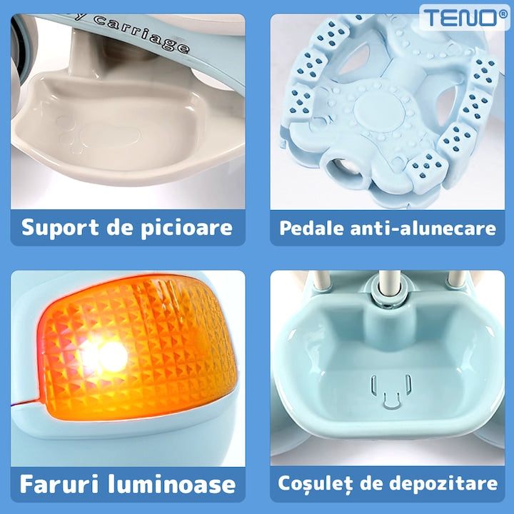 Tricicleta Multifunctionala Teno®, structura stabila, pedale anti-derapante, suport picioare, cosulet pe spate, spatar detasabil, parasolar, muzica incorporata, albastru