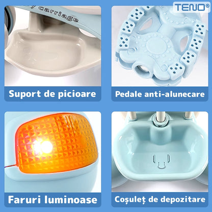 Tricicleta Multifunctionala Teno®, structura stabila, pedale anti-derapante, suport picioare, cosulet pe spate, spatar detasabil, parasolar, muzica incorporata, albastru