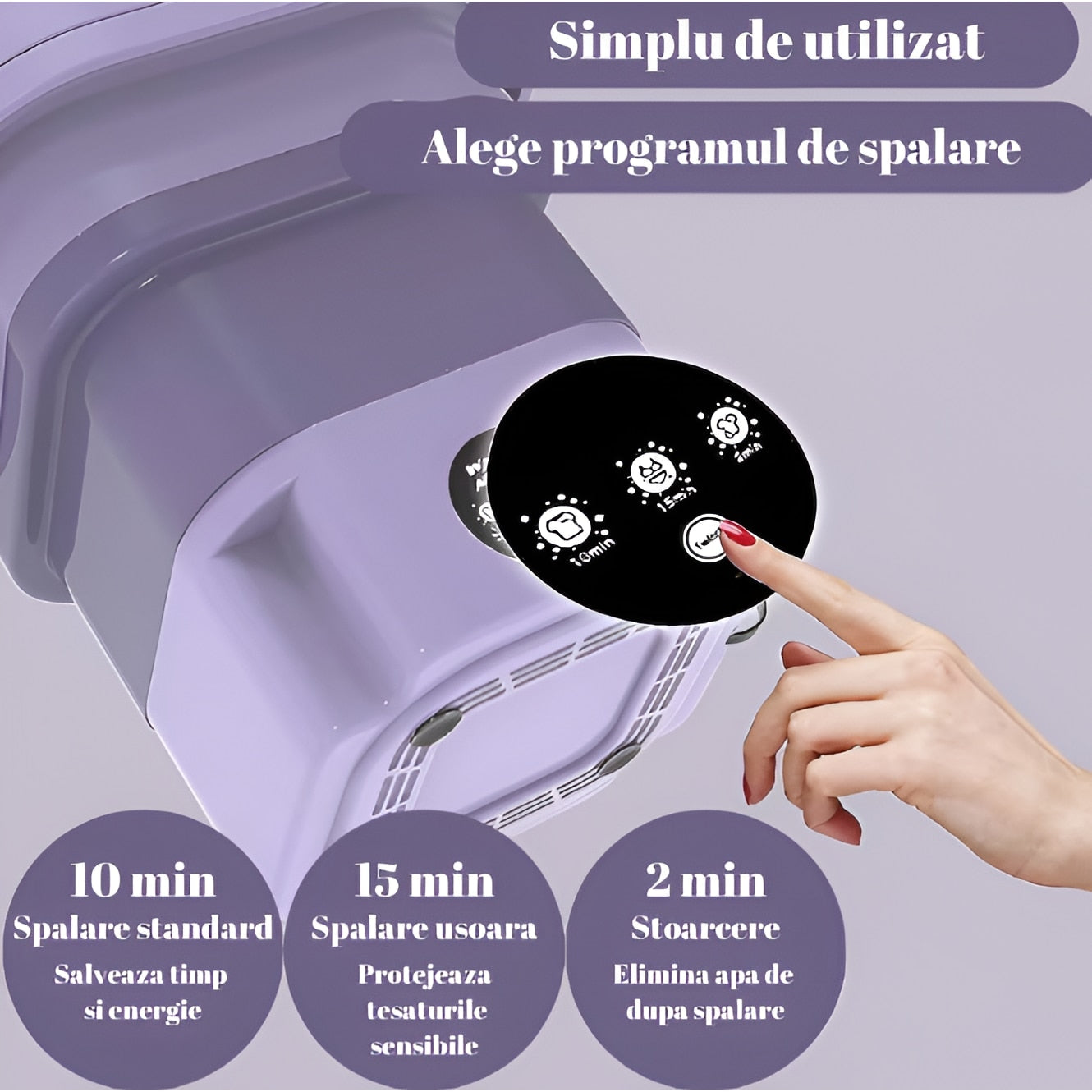Masina de Spalat Rufe Portabila si Pliabila Macvi®, 6.5L, Functie Stoarcere, 3 Programe de Spalare, Compacta, Mov