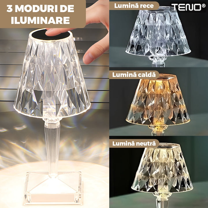 Lampa Ambientala Cristal LED Teno®, veioza, portabila, 3 moduri de iluminare, intensitate ajustabila, tactila, incarcare USB