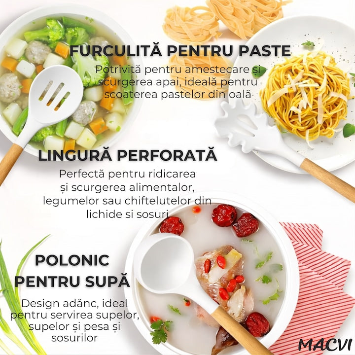 Set Ustensile Bucatarie Macvi® 19 Piese Silicon Termorezistent si Bambus, Cutite Inox, Suport Organizator Compact, Design Alb Elegant